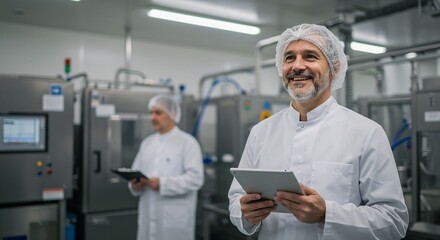 Smiling Senior Male Factory Worker Using a Tablet Computer in a Modern Food Production Facility