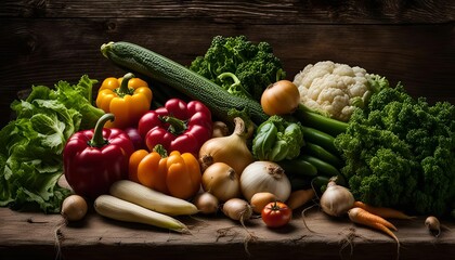A Still Life of Fresh Vegetables on Rustic Wooden Background