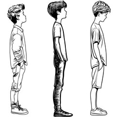 A simple outline of a young boy standing, suitable for creative endeavors, kids' themes, or educational content