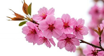 Obraz premium Close-up of vibrant pink cherry blossoms in full bloom against a bright white background, showcasing delicate petals and intricate details of springtime beauty