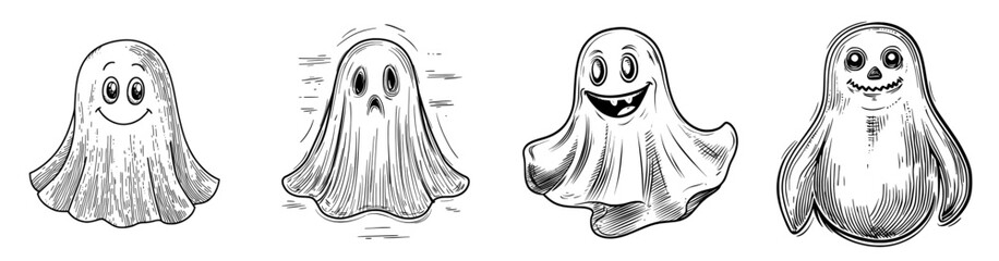 A cute cartoon ghost with large eyes and pink cheeks, depicted in a simple modern style, conveys concern and sadness, ideal for Halloween-themed projects or kids' illustrations