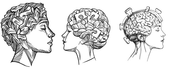 A human head's silhouette is filled with puzzle pieces symbolizing the brain