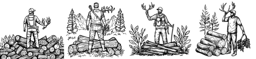 A hunter is depicted standing on logs, holding antlers in a silhouette form