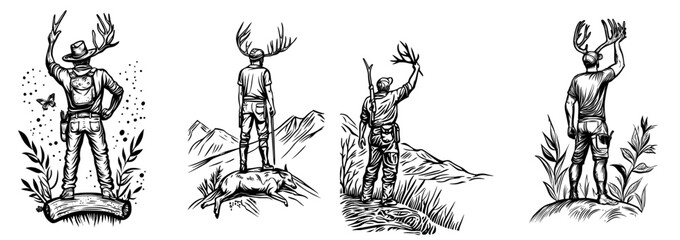 A hunter is depicted standing on a log, holding deer antlers in a silhouette pose