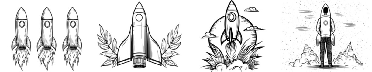 A black and white silhouette of a rocket is set against a transparent background