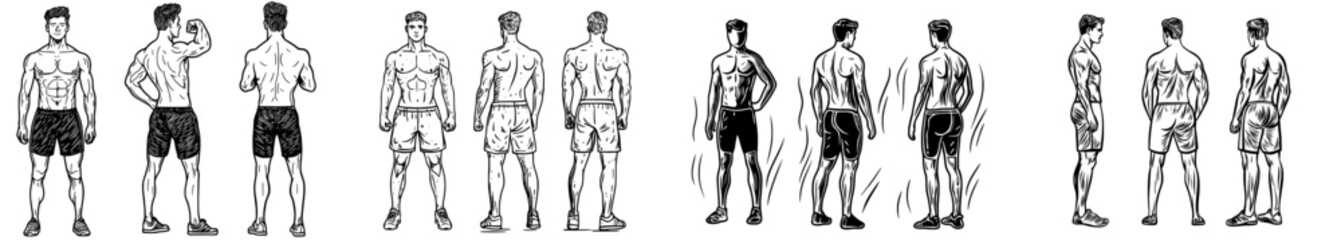 A standing man's silhouette is depicted in various poses against a white backdrop