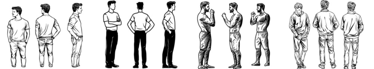 Three male figures are depicted standing in various poses, forming silhouettes