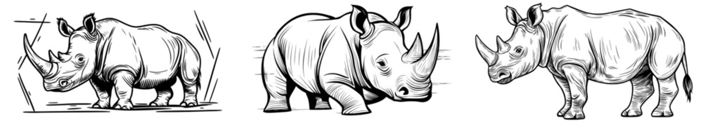 A rhinoceros with prominent horns appears as a black silhouette on a white background
