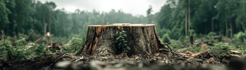 Tree stump illustrating climate change effects on deforestation concept. A tree stump surrounded by nature, highlighting environmental impact.