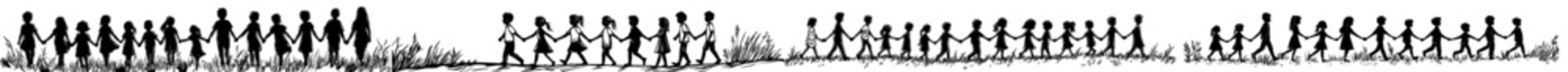 Children holding hands and walking on grass are visible in silhouette