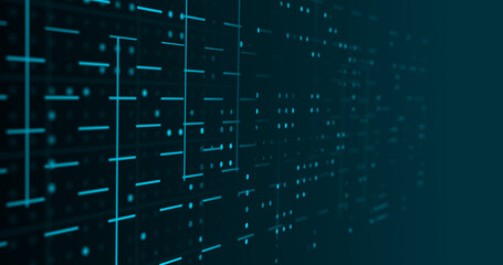 Modern tech dark green blue black abstract background with glowing light. Server room data center banner. Big 3d digital technology concept for web design. Financial graphs trade. Computing hardware 