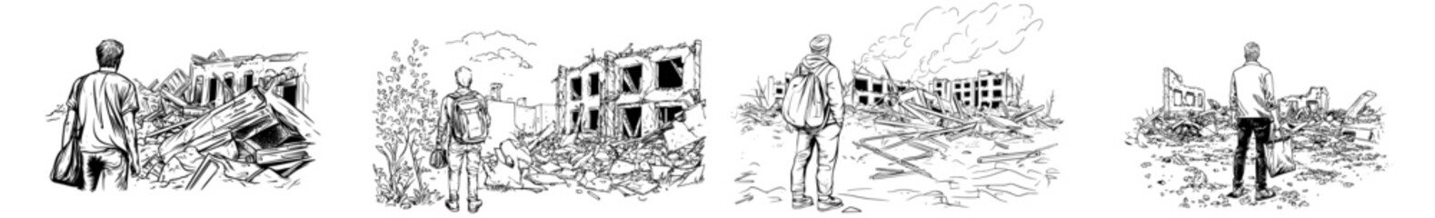 A man's silhouette is seen standing amidst a cityscape in ruins