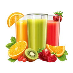 Fresh fruit juices displayed in clear glasses with orange, green, and pink hues surrounded by fresh fruit on a transparent background