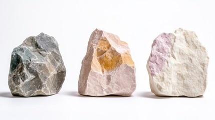 Three Rough Stones Neutral Tones Clean Style High Resolution Horizontal Studio Shot Textured Surfaces Geological Samples White Background Natural Earth Tones Ideal for Science Texts