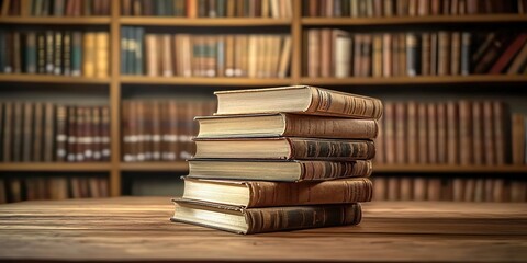 Stack of antique hardcover books on a wooden table with bookshelves.
