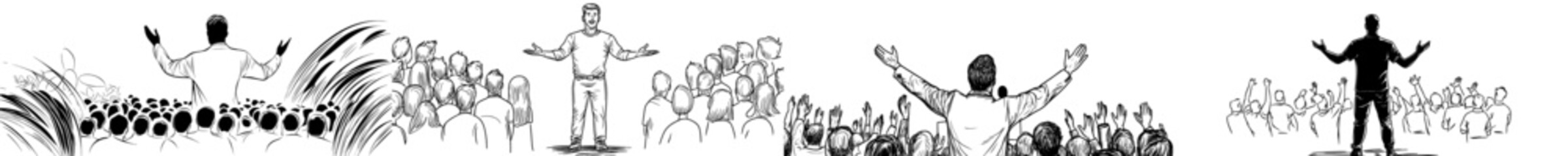 A simple line drawing depicts a speaker addressing a large crowd