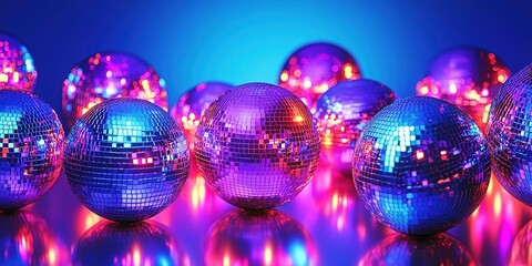Disco balls with colorful bokeh lights on blue background.
