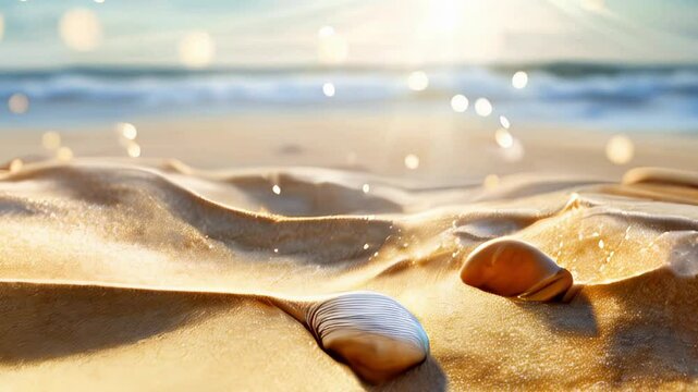Sunlit seashells on sandy beach with gentle waves and sparkling bokeh in warm morning light.