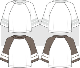 Oversize Raglan Half Sleeve T-Shirt fashion technical drawing, illustration. Front and back view, unisex CAD mockup set.