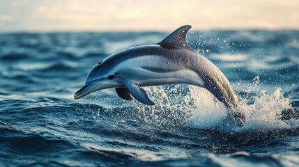 Playful dolphin leaping through ocean waves at sunset