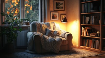 Cozy reading nook with armchair and bookshelf in warm autumn light