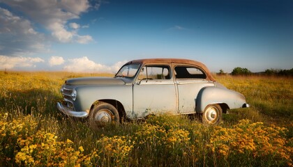 Rusty Vintage Car Abandoned in a Yellow Flower Field