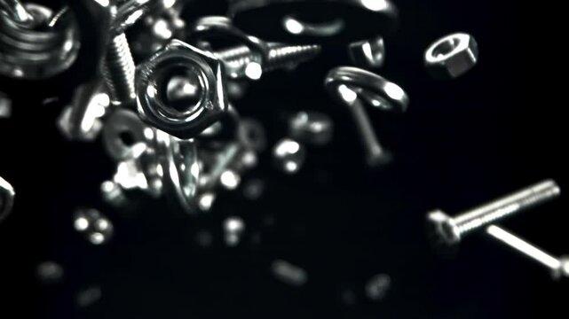 Fall of various nuts, bolts and washers. Filmed on a high-speed camera at 1000 fps. High quality FullHD footage
