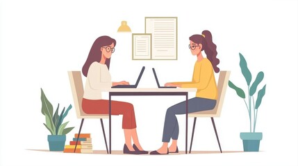 Two women working together on laptops in a modern office setting with plants and books in the background