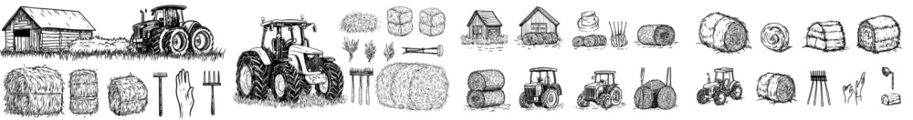 The hay harvest has been set in a rural area with a farm that has dry grass, straw piles, fodder bales, and a wheelbarrow near a barn, showcasing elements of agriculture in a flat countryside with a © Andrei