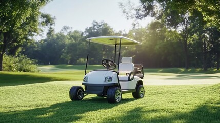 Golf cart on green course with trees under sunny sky.