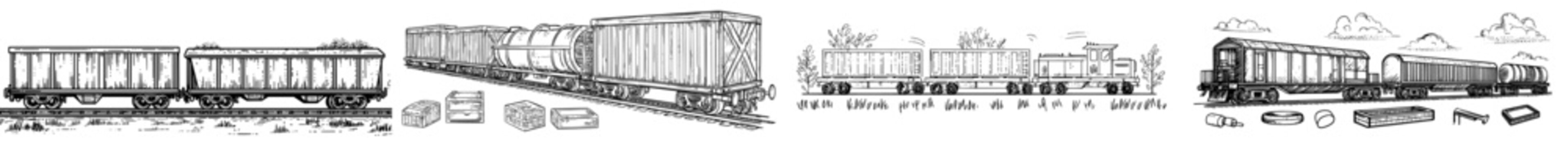 Modern isolated set of cargo locomotive, freight railway train, and coal transportation wagon for heavy goods transport and cargo logistic concept