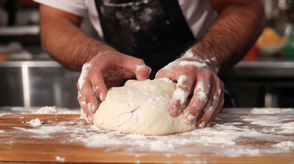 Fototapeta premium Close up of Baker's Hands Kneading Dough on Wooden Table