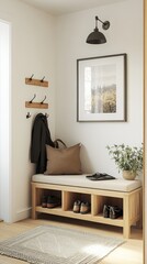 Hyperrealistic Entryway with Practical Storage Bench and Coat Hooks