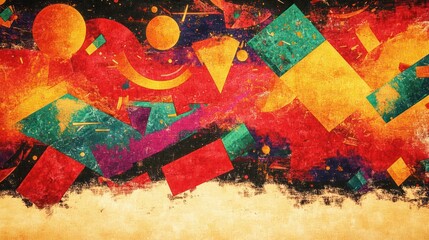 A vibrant abstract composition featuring geometric shapes and bold colors.