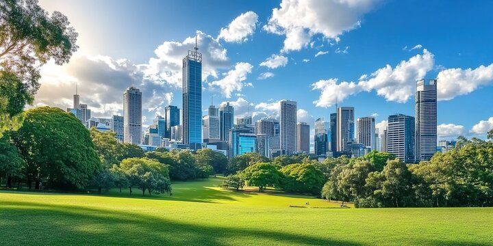 Lush park grass with city skyline under blue sky and clouds.