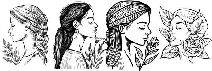 The silhouette of a woman is elegantly depicted with floral elements in black and white