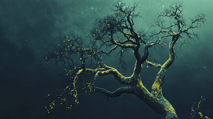 Lone dead tree covered in glowing lichen, its branches stretching like veins
