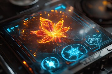 Burning maple leaf holographic display on futuristic tech device  A fiery, glowing leaf is centered on a glowing, interactive screen  Surrounding it are glowing blue control panels and symbols
