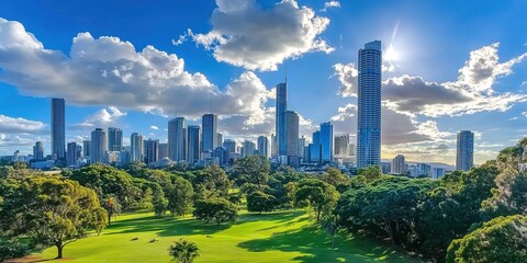 Obraz premium Lush park grass with city skyline under blue sky and clouds.