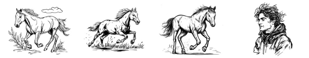 A horse in full leap is outlined in black, its mane flowing freely