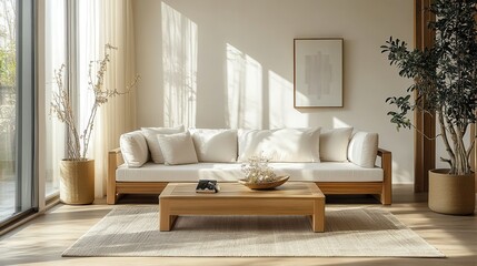 Minimalist living room with wooden furniture and sunlit decor