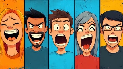 Colorful cartoon characters expressing various emotions with exaggerated faces