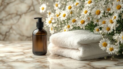 Spa chamomile oil with towels, and marble.