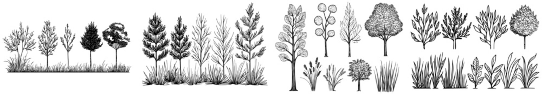 A compilation of dark outlines showcasing diverse trees, foliage, and flora, ideal for designs and artwork centered around nature