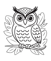 Obraz premium Adorable owl coloring page for kids, black line art vector illustration on white background