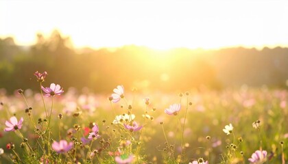 Obraz premium Sunrise over blooming wildflowers serene field nature photography peaceful environment close-up view tranquility and beauty