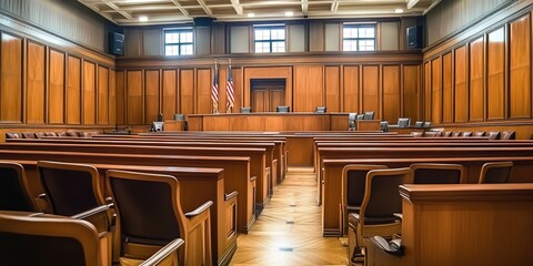 Wood-paneled courtroom with American flags and spectator benches.
