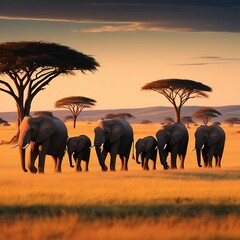Fototapeta premium elephants at sunset