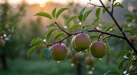 Apples on branch in orchard at sunrise