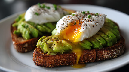 Poached egg with runny yolk on sliced avocado toast seasoned with black pepper and chives, served on white plate for fresh and healthy breakfast option